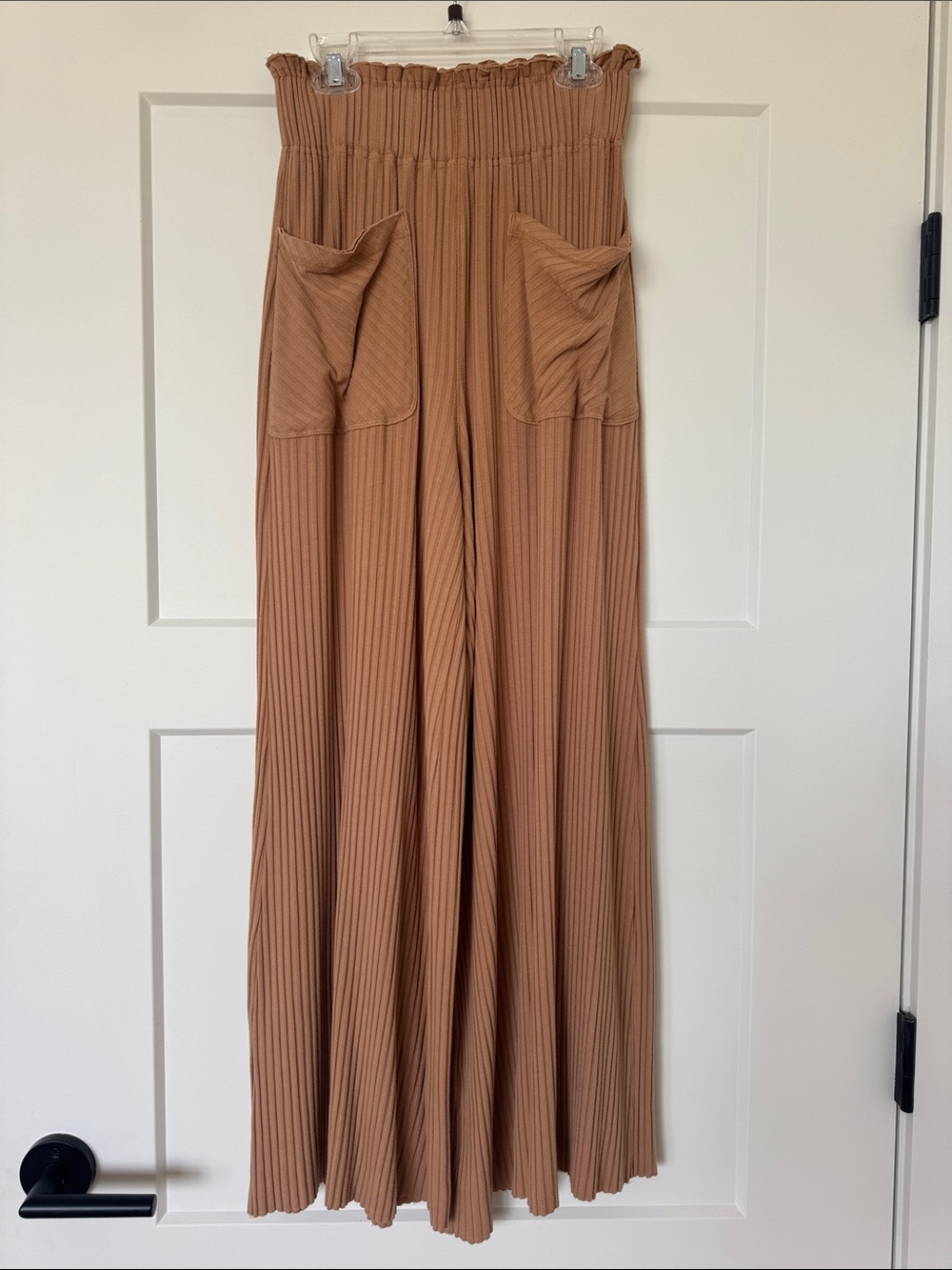 Free People Ribbed Wide-Leg Palazzo Pants in Camel Brown